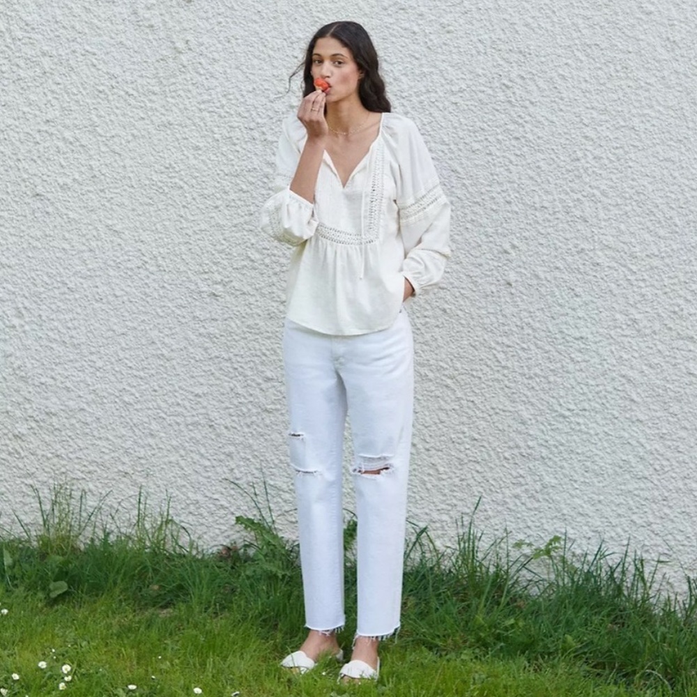 Madewell perfect vintage straight stretch jeans tile white ripped knee 25